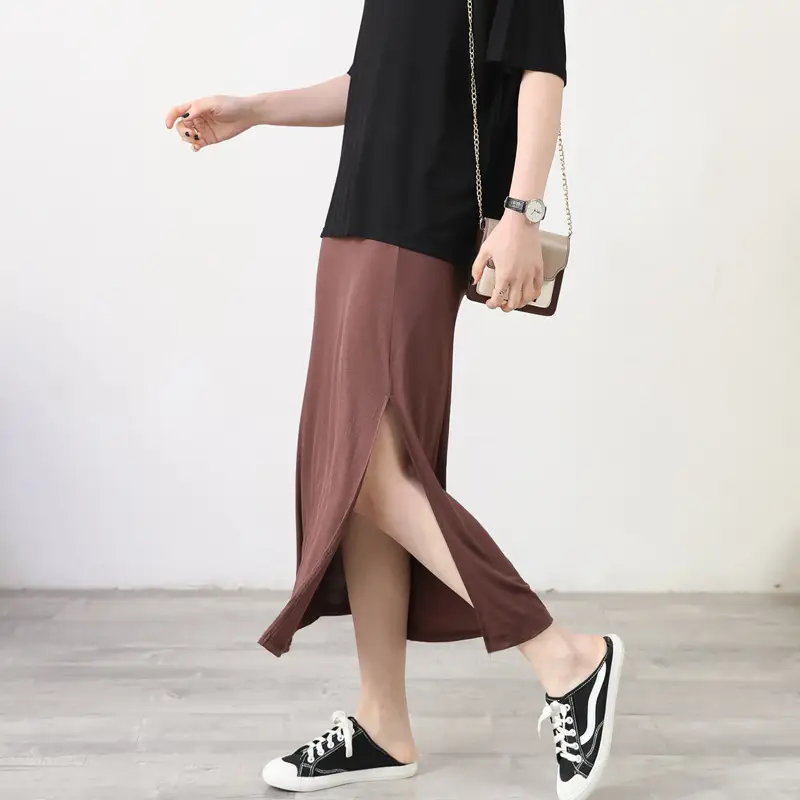 Women's Gray Modal Side Slit Skirt High Waist A-Line — feature 15