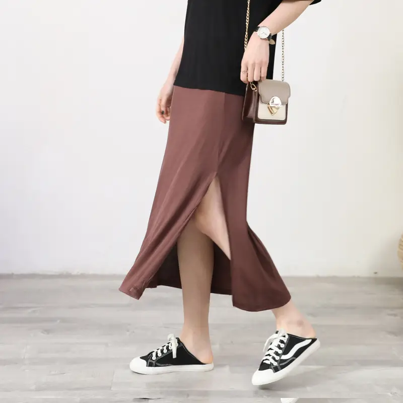 Women's Gray Modal Side Slit Skirt High Waist A-Line — feature 16