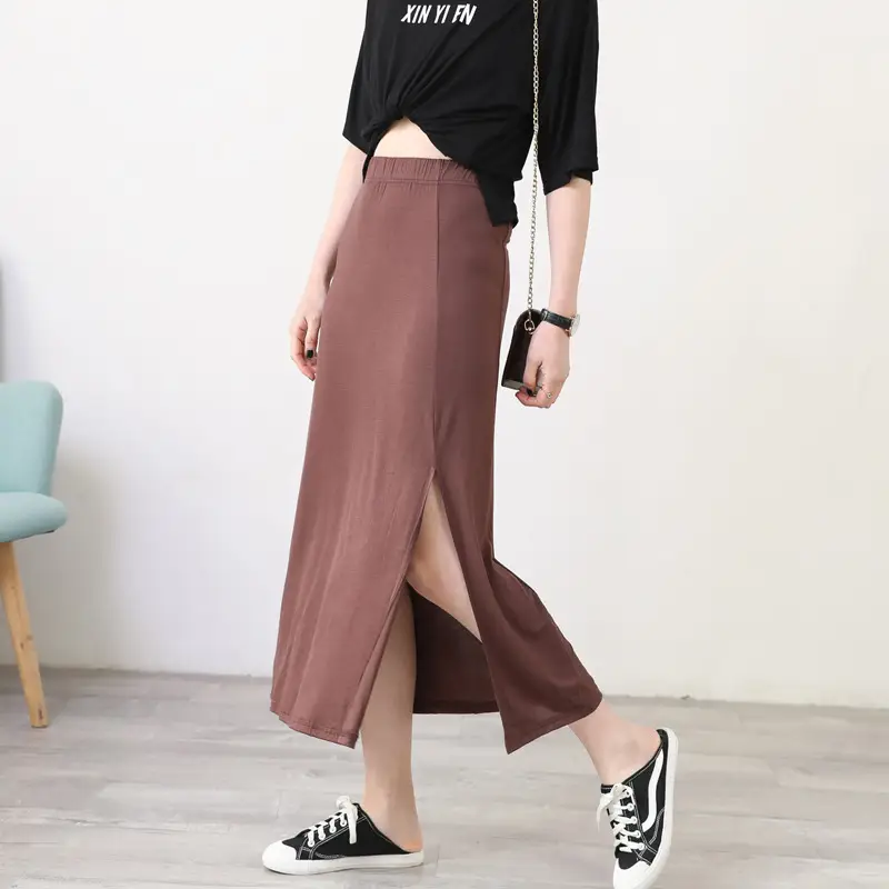 Women's Gray Modal Side Slit Skirt High Waist A-Line — feature 17
