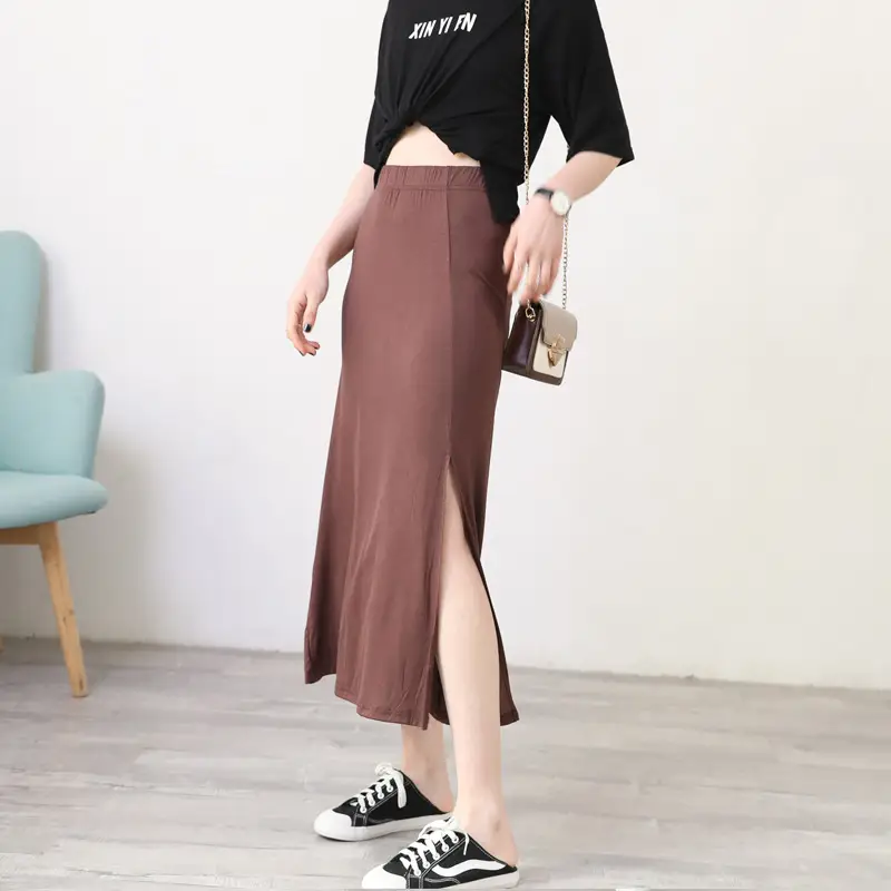 Women's Gray Modal Side Slit Skirt High Waist A-Line — feature 18