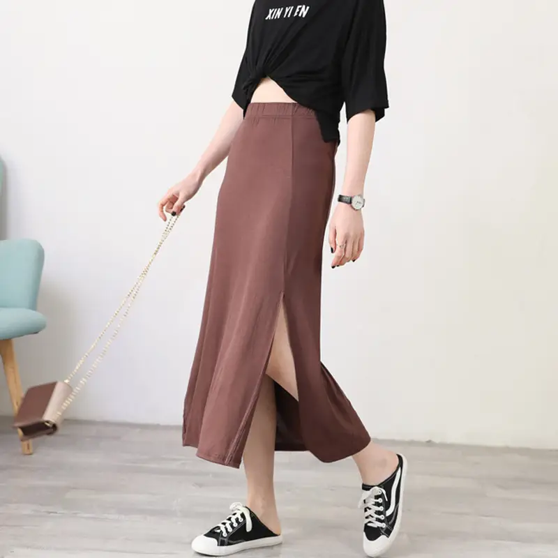 Women's Gray Modal Side Slit Skirt High Waist A-Line — feature 19