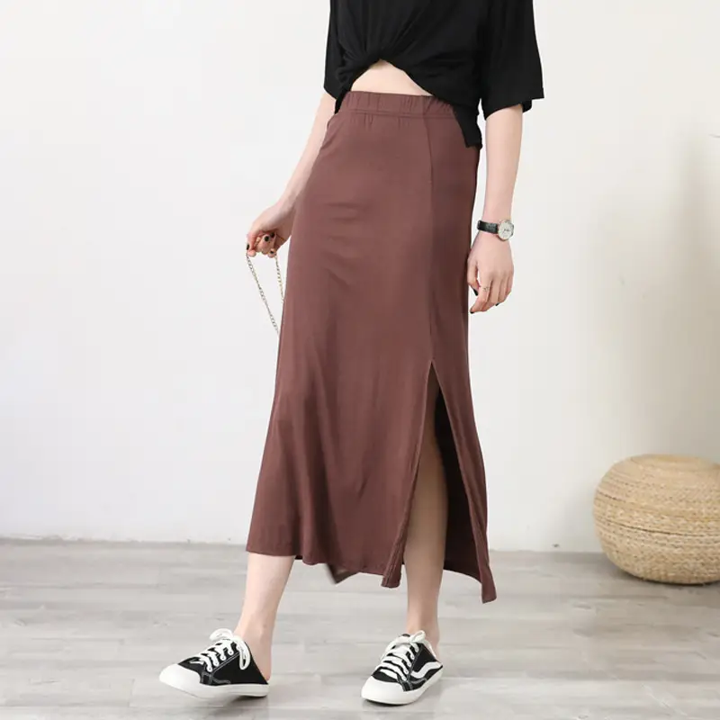 Women's Gray Modal Side Slit Skirt High Waist A-Line — feature 20
