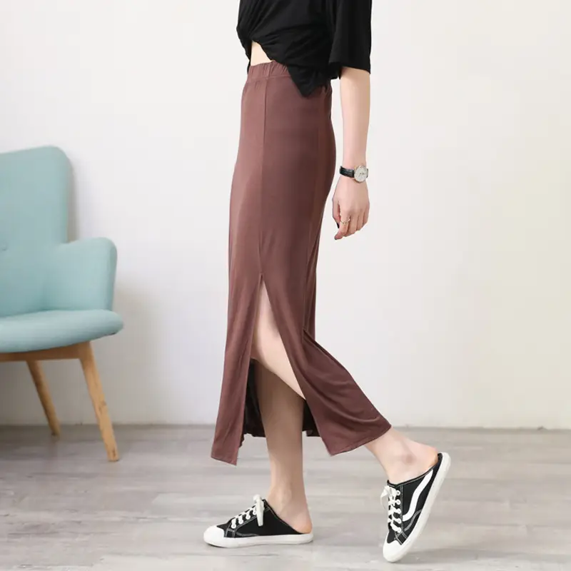 Women's Gray Modal Side Slit Skirt High Waist A-Line — feature 21