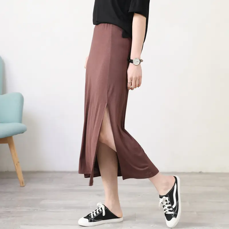 Women's Gray Modal Side Slit Skirt High Waist A-Line — feature 23