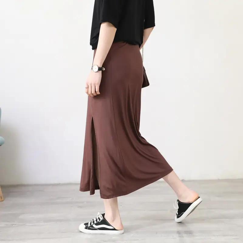 Women's Gray Modal Side Slit Skirt High Waist A-Line — feature 24