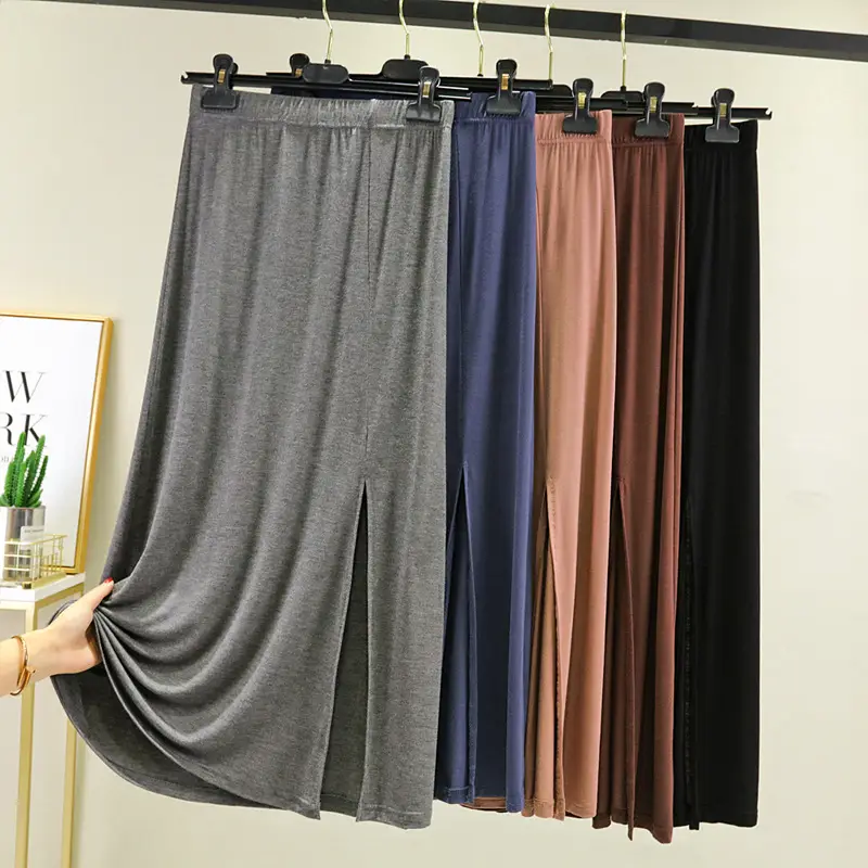 Women's Gray Modal Side Slit Skirt High Waist A-Line — feature 27