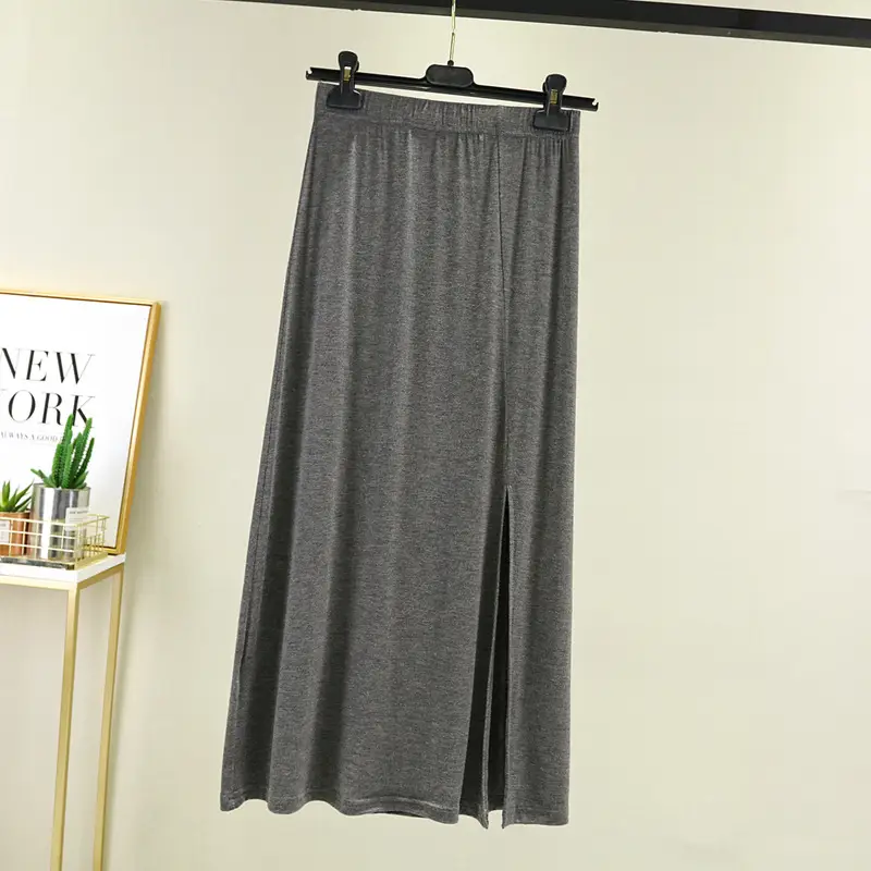 Women's Gray Modal Side Slit Skirt High Waist A-Line — feature 37
