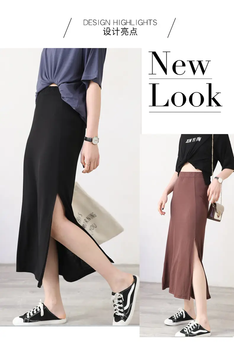 Women's Gray Modal Side Slit Skirt High Waist A-Line — feature 5