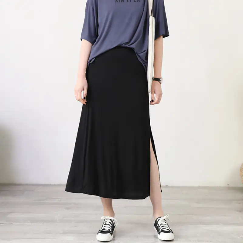 Women's Gray Modal Side Slit Skirt High Waist A-Line — feature 9