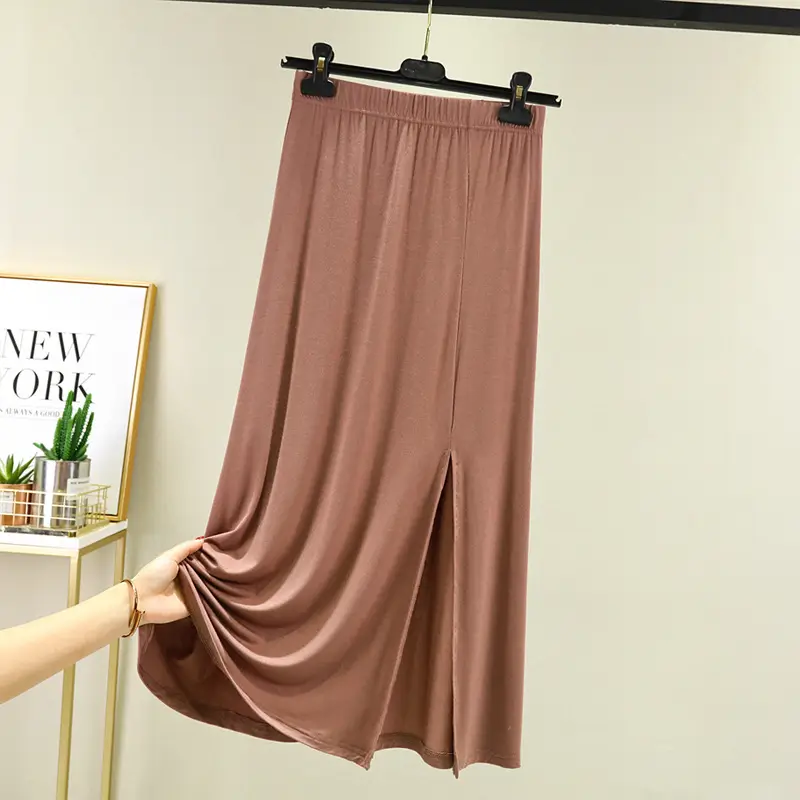 Women's Gray Modal Side Slit Skirt High Waist A-Line