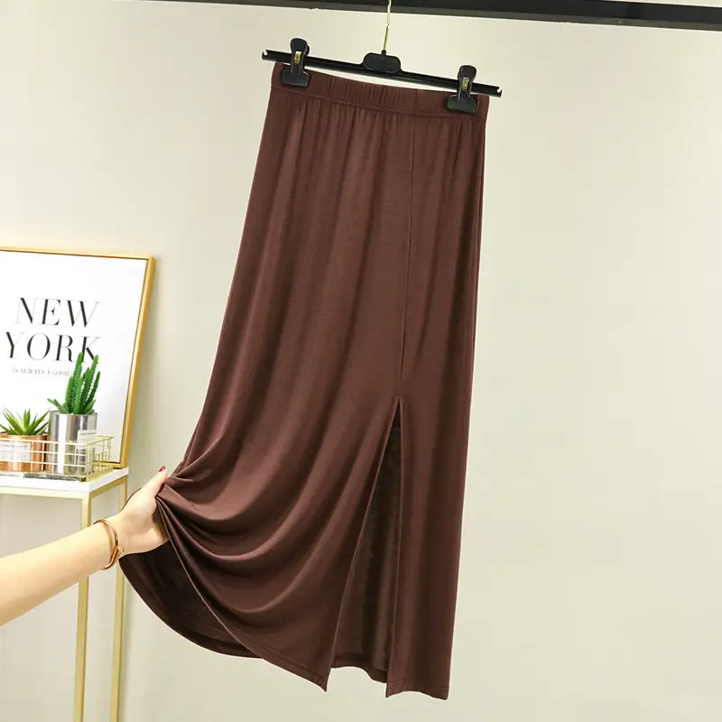 Women's Gray Modal Side Slit Skirt High Waist A-Line