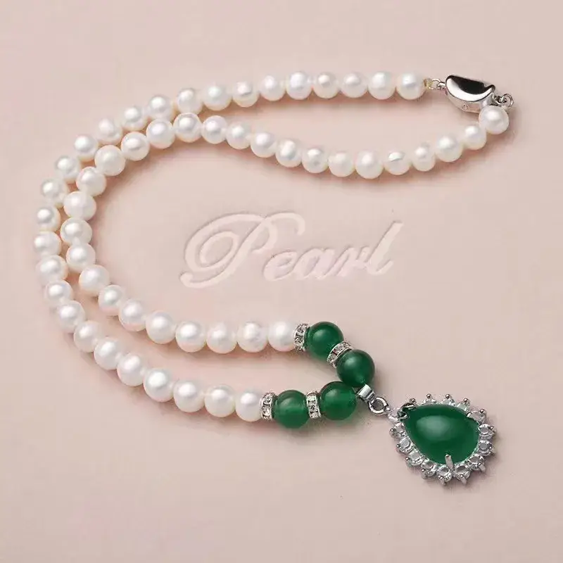 Natural Freshwater Pearl Necklace with Green Chalcedony Pendant - Image 5