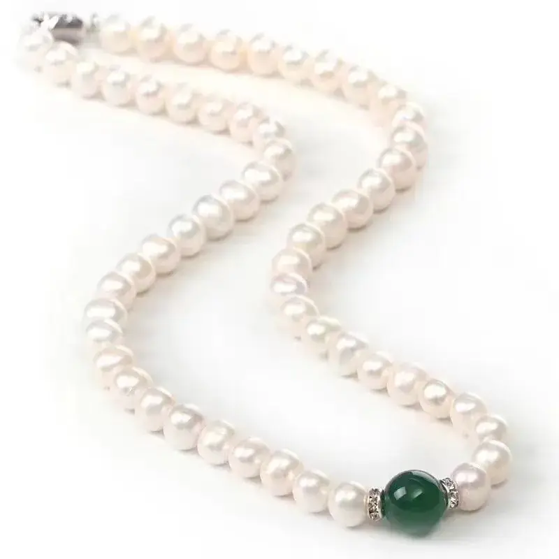 Natural Freshwater Pearl Necklace with Green Chalcedony Pendant — feature 13
