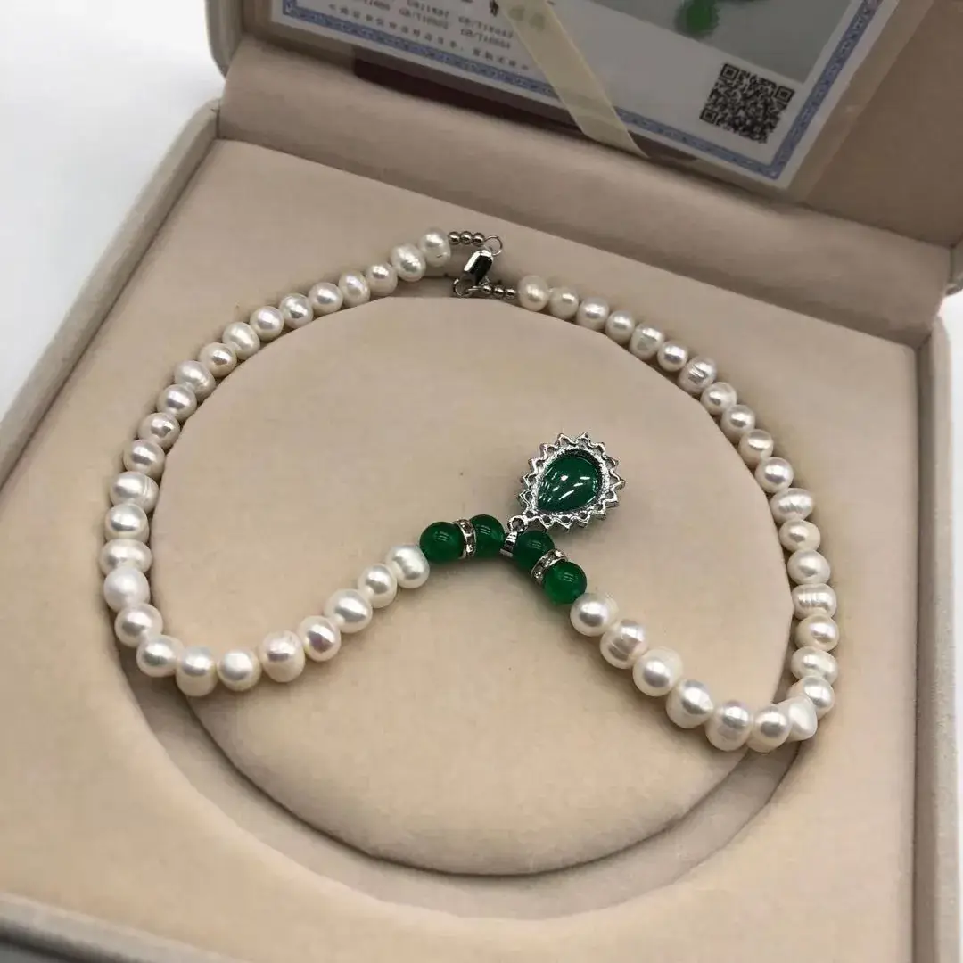 Natural Freshwater Pearl Necklace with Green Chalcedony Pendant — feature 46
