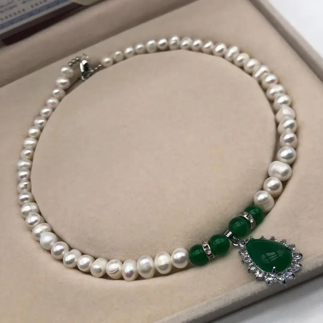 Natural Freshwater Pearl Necklace with Green Chalcedony Pendant — feature 48