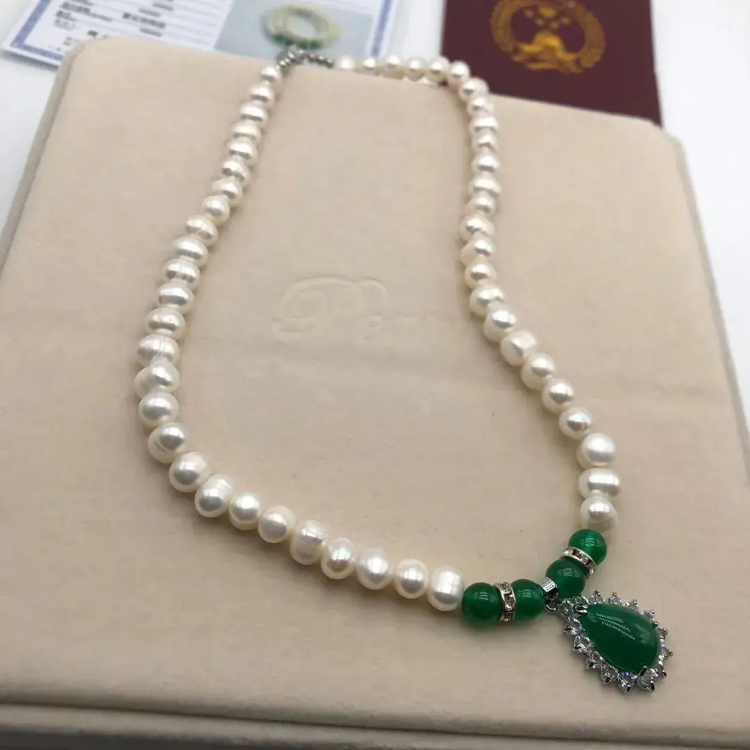 Natural Freshwater Pearl Necklace with Green Chalcedony Pendant — feature 53