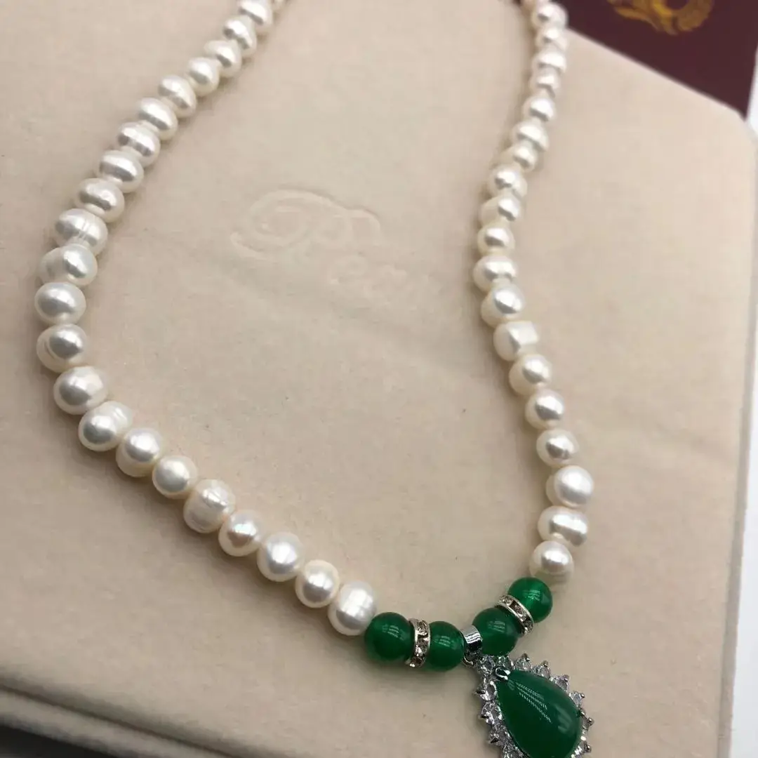 Natural Freshwater Pearl Necklace with Green Chalcedony Pendant — feature 54