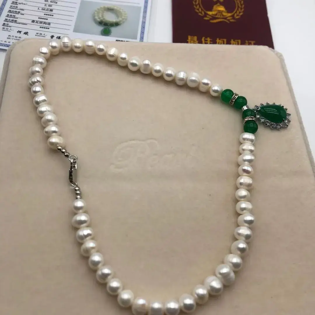 Natural Freshwater Pearl Necklace with Green Chalcedony Pendant — feature 55