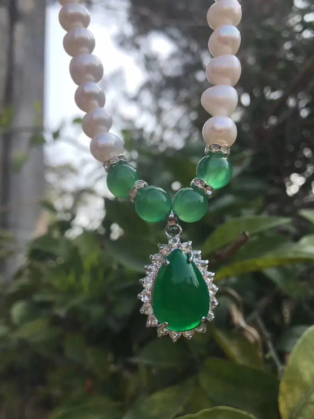 Natural Freshwater Pearl Necklace with Green Chalcedony Pendant — feature 6