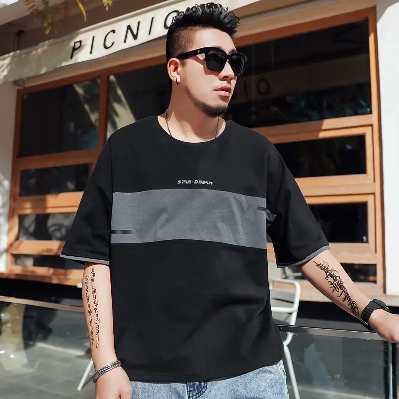 Plus Size Men Grey Striped Short Sleeve T-Shirt - Image 4
