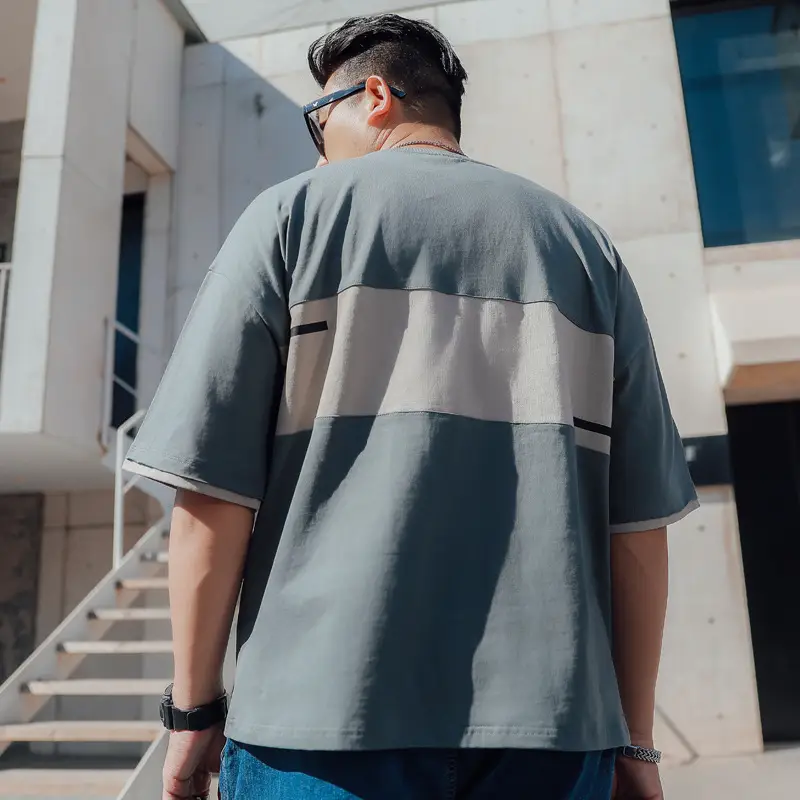 Plus Size Men Grey Striped Short Sleeve T-Shirt - Image 5