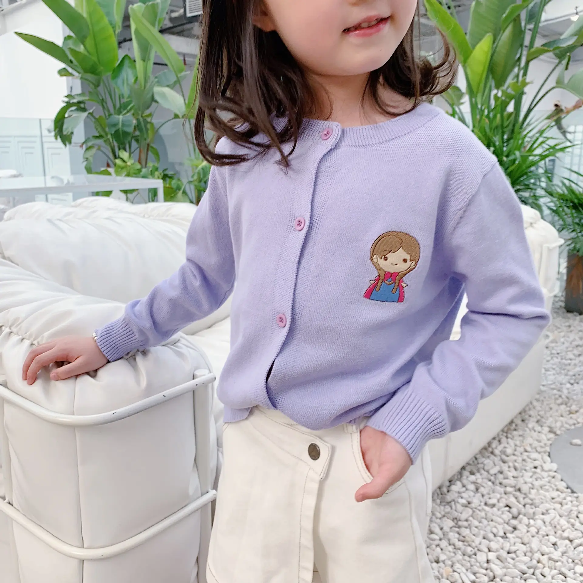 Gray Knitted Cartoon Embroidered Cardigan for Kids - Image 2