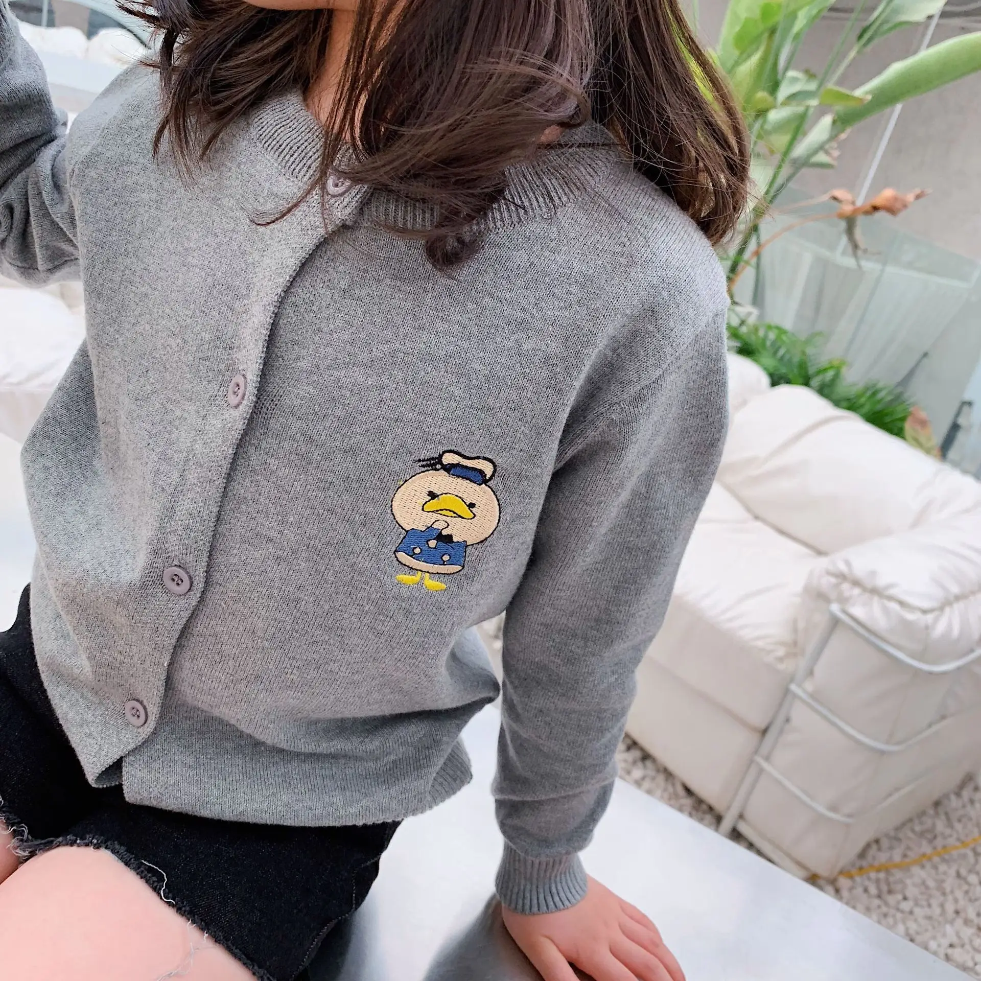 Gray Knitted Cartoon Embroidered Cardigan for Kids - Image 3