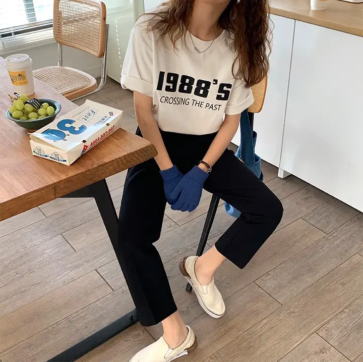 Women 2988 Print Round Neck T-Shirt White Summer Loose Fit