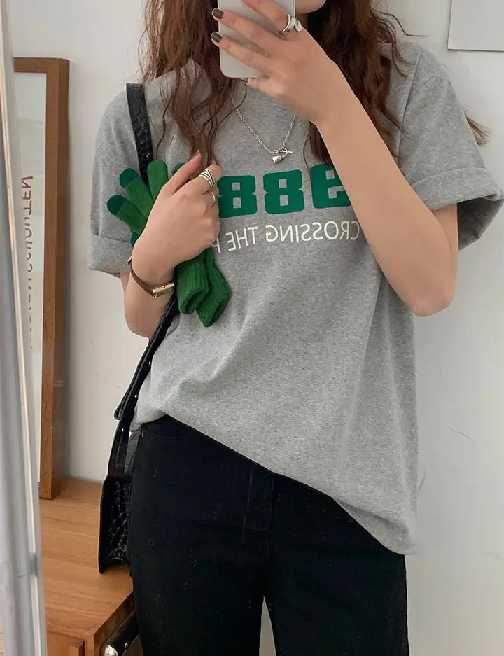 Women 2988 Print Round Neck T-Shirt White Summer Loose Fit — feature 16