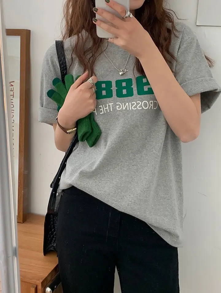 Women 2988 Print Round Neck T-Shirt White Summer Loose Fit — feature 24