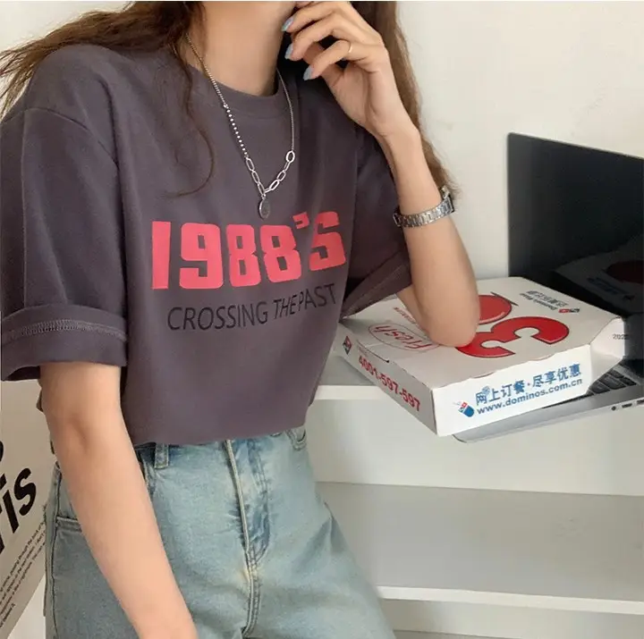Women 2988 Print Round Neck T-Shirt White Summer Loose Fit