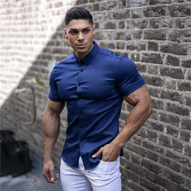 Men's Stretch Lapel Shirt Gray Solid Color