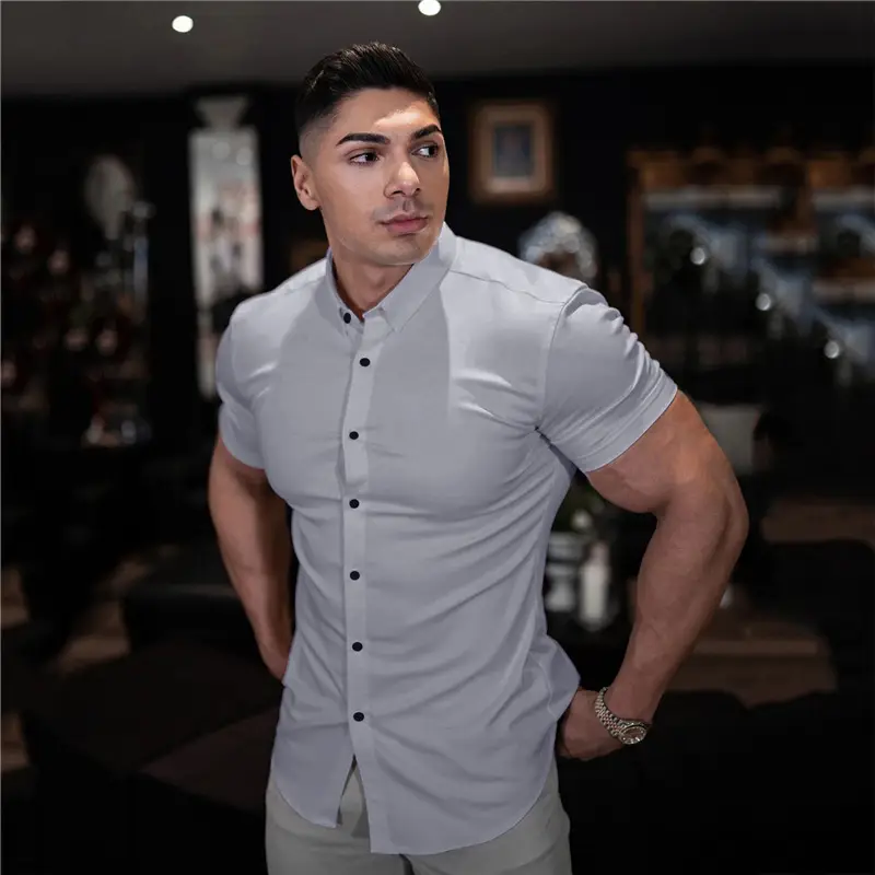 Men's Stretch Lapel Shirt Gray Solid Color