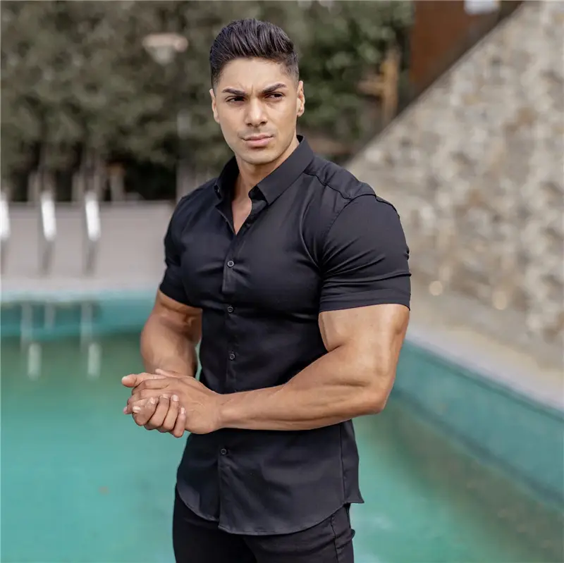 Men's Stretch Lapel Shirt Gray Solid Color