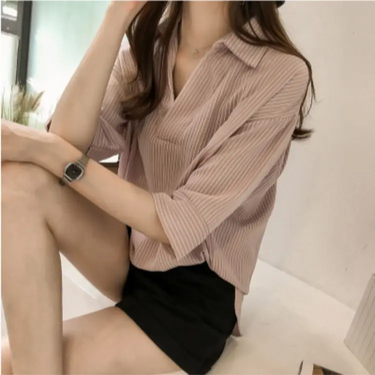Women Striped V-Neck Shirt 3/4 Sleeve White Shorts Set - Image 2
