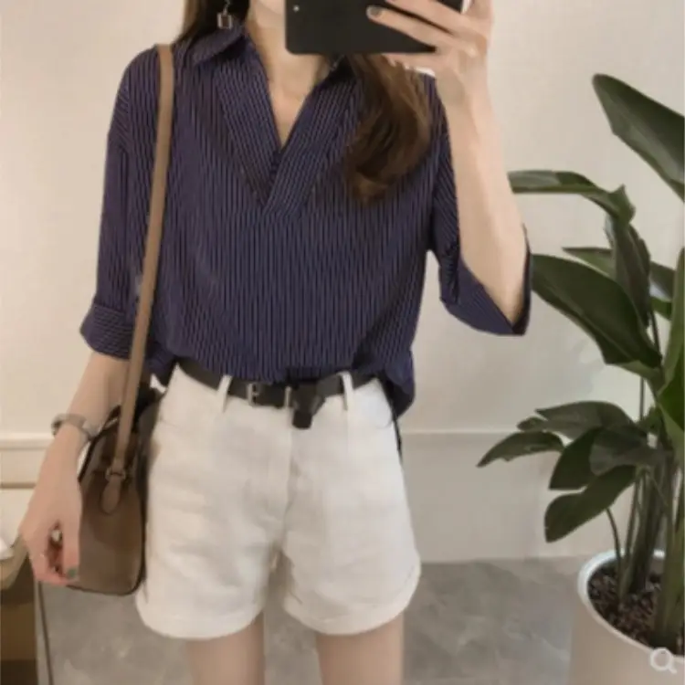 Women Striped V-Neck Shirt 3/4 Sleeve White Shorts Set - Image 3