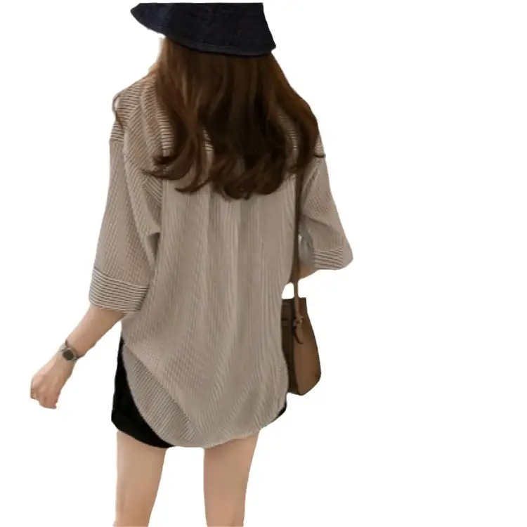 Women Striped V-Neck Shirt 3/4 Sleeve White Shorts Set - Image 4