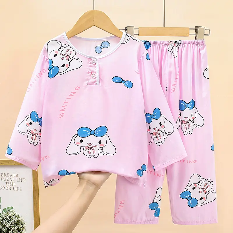 New children's cotton silk pajamas spring and autumn thin girls long sleeve suit little boy baby home clothes a generation of hair