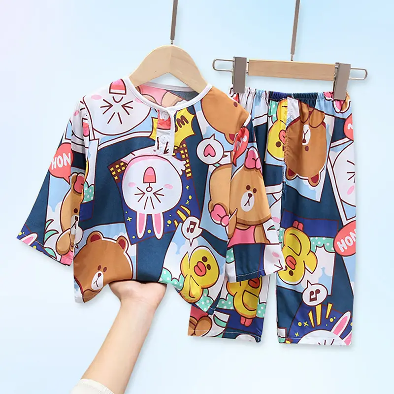 New children's cotton silk pajamas spring and autumn thin girls long sleeve suit little boy baby home clothes a generation of hair