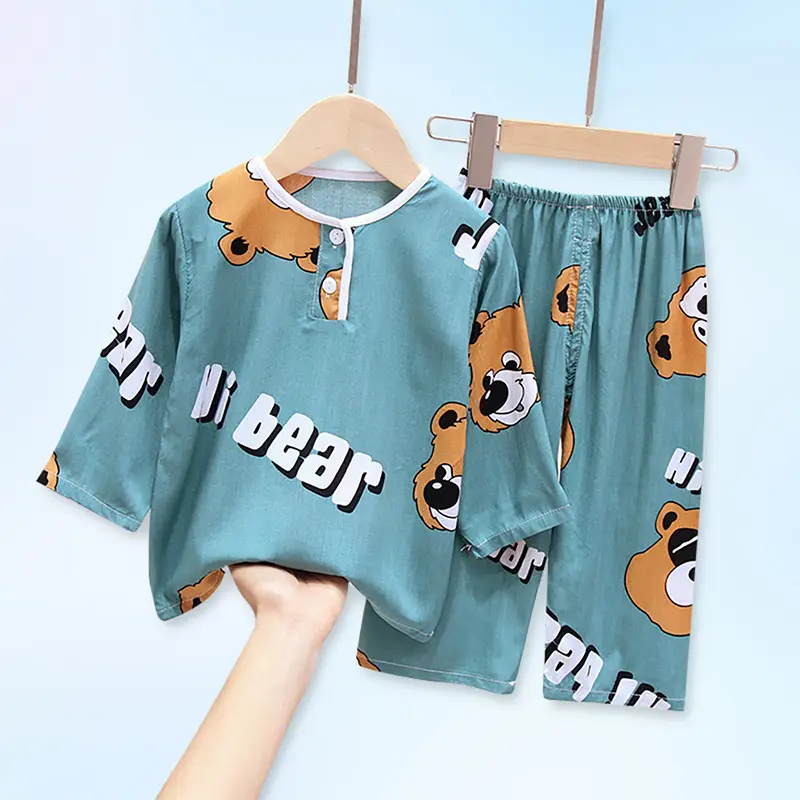 New children's cotton silk pajamas spring and autumn thin girls long sleeve suit little boy baby home clothes a generation of hair