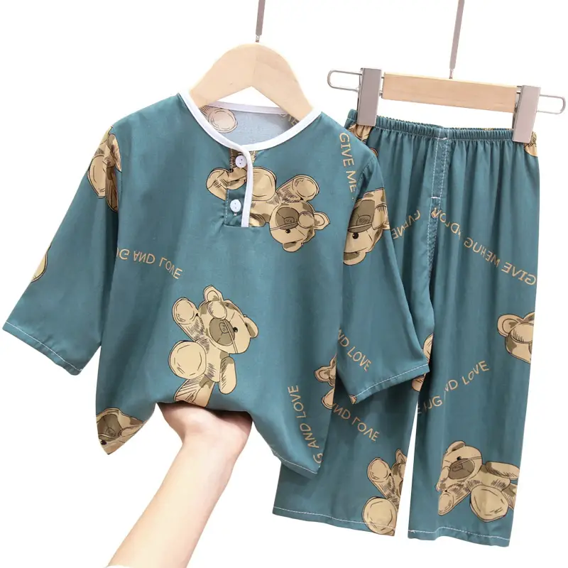 New children's cotton silk pajamas spring and autumn thin girls long sleeve suit little boy baby home clothes a generation of hair