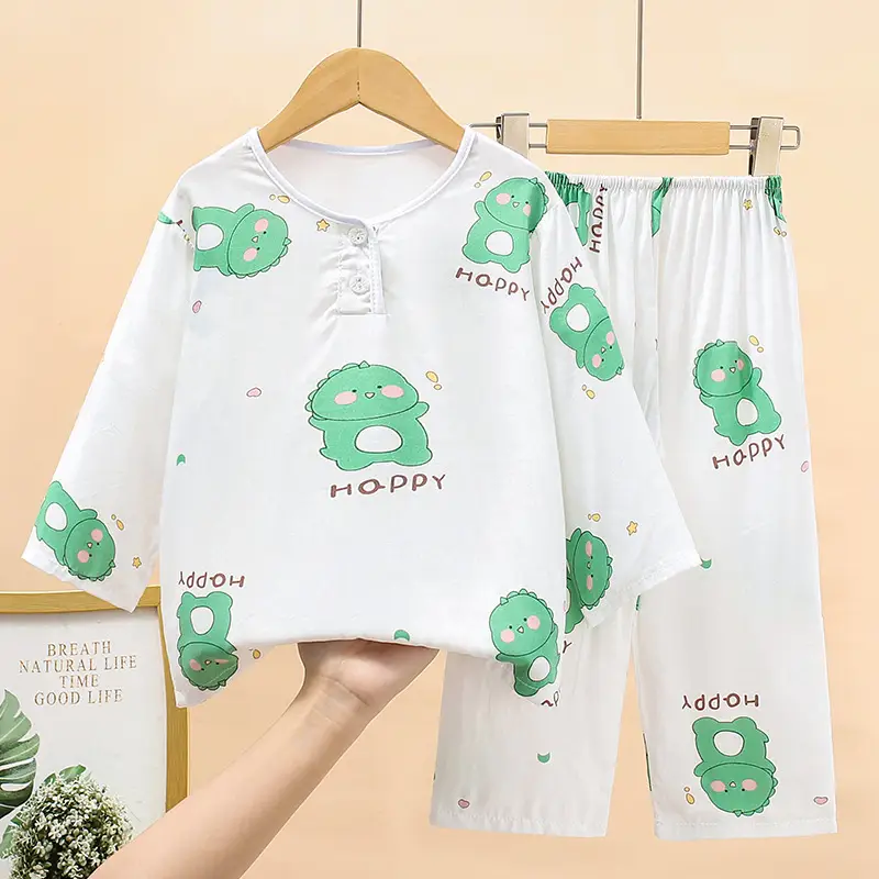 New children's cotton silk pajamas spring and autumn thin girls long sleeve suit little boy baby home clothes a generation of hair