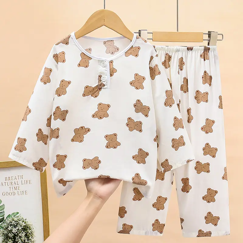 New children's cotton silk pajamas spring and autumn thin girls long sleeve suit little boy baby home clothes a generation of hair