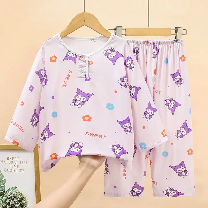 New children's cotton silk pajamas spring and autumn thin girls long sleeve suit little boy baby home clothes a generation of hair