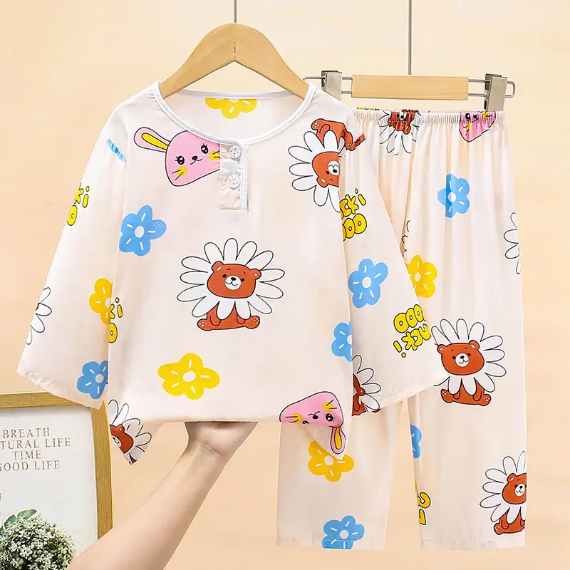 New children's cotton silk pajamas spring and autumn thin girls long sleeve suit little boy baby home clothes a generation of hair