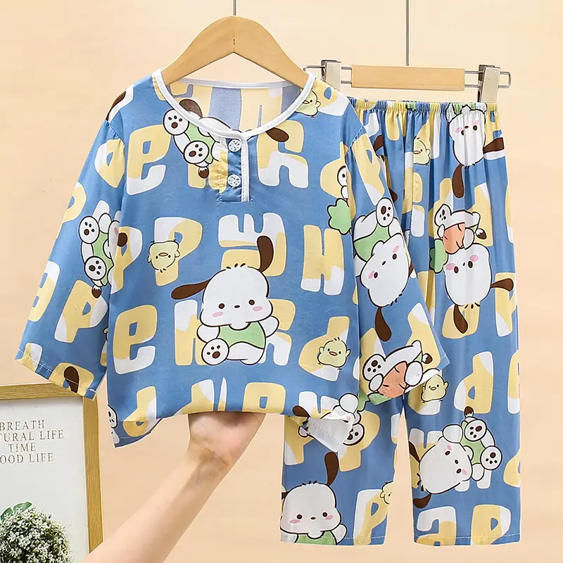 New children's cotton silk pajamas spring and autumn thin girls long sleeve suit little boy baby home clothes a generation of hair