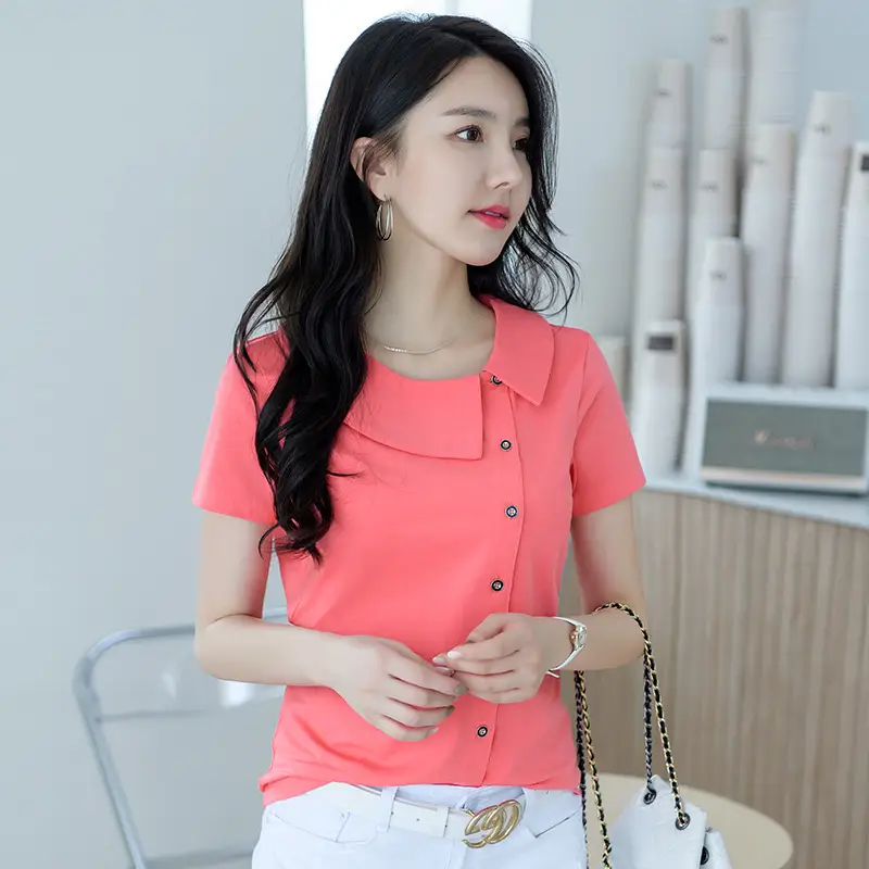 White Short Sleeve Button T-Shirt for Women - Image 5