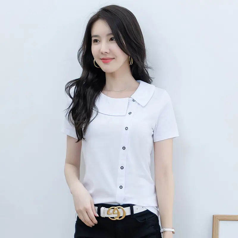 White Short Sleeve Button T-Shirt for Women - Image 7