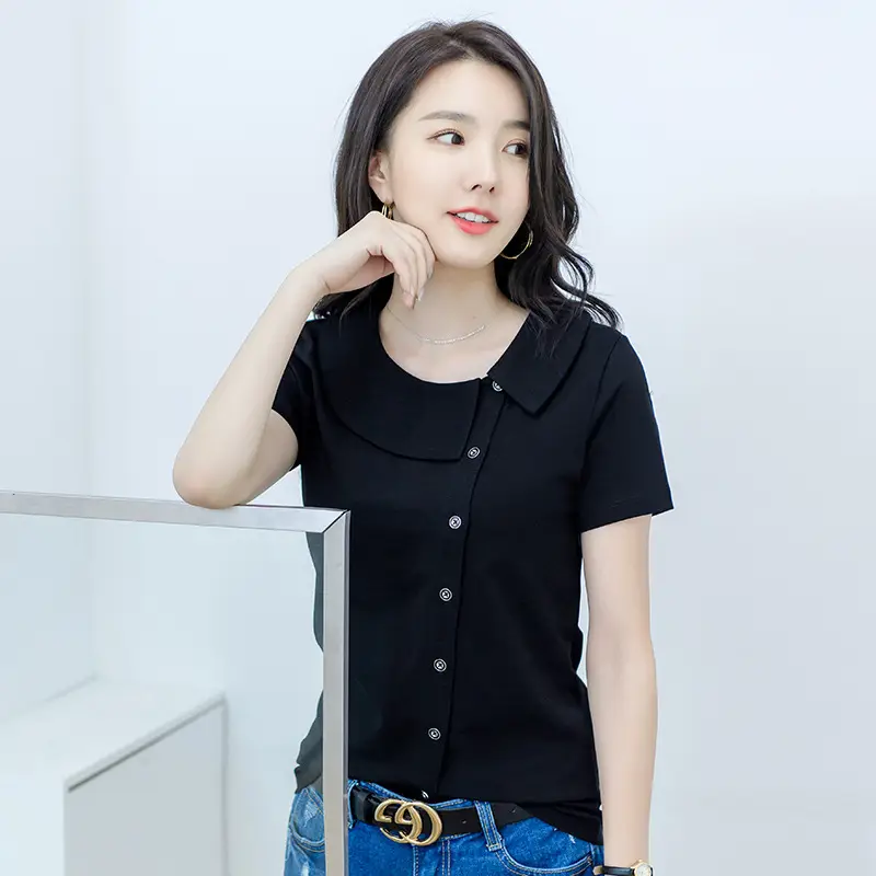 White Short Sleeve Button T-Shirt for Women - Image 8