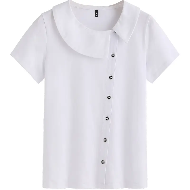 White Short Sleeve Button T-Shirt for Women - Image 9